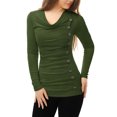 thumbnail image 1 of INSPIRE CHIC Women's Cowl Neck Long Sleeve Top Button Decor Ruched Front Regular Fit Pullover Top L Green, 1 of 5