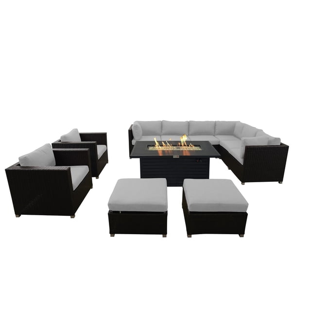 Innesbrook Collection 11-Piece Aluminum Patio Conversation Set with Grey Cushions and Rectangle Fire Table featuring a modular dark brown PE resin wicker frame with rust-resistant powder-coated aluminum, five-inch thick grey cushions on an L-shaped sectional sofa, two armchairs, two ottomans, and a rectangular fire table with active flames, suitable for outdoor patio seating and entertaining guests.