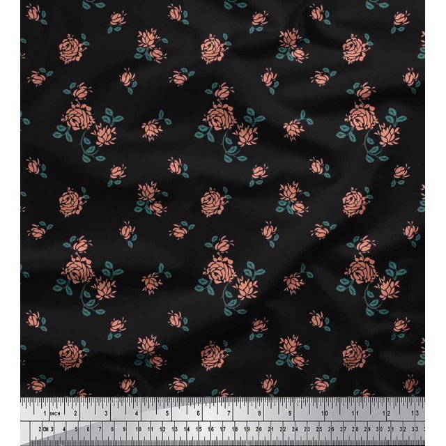 Soimoi Tissu en Coton Canard Feuilles & Roses Imprimés Floraux au Mètre 56 Pouces de Large