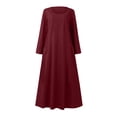 thumbnail image 4 of XZNGL Long Sleeve Dress Women Womens Fashion Long Sleeve Solid Color Cotton Linen Round Neck Pocket Dress Womens Long Sleeve Dress Long Sleeve Dress for Women Long Sleeve Long Dress for Women, 4 of 5