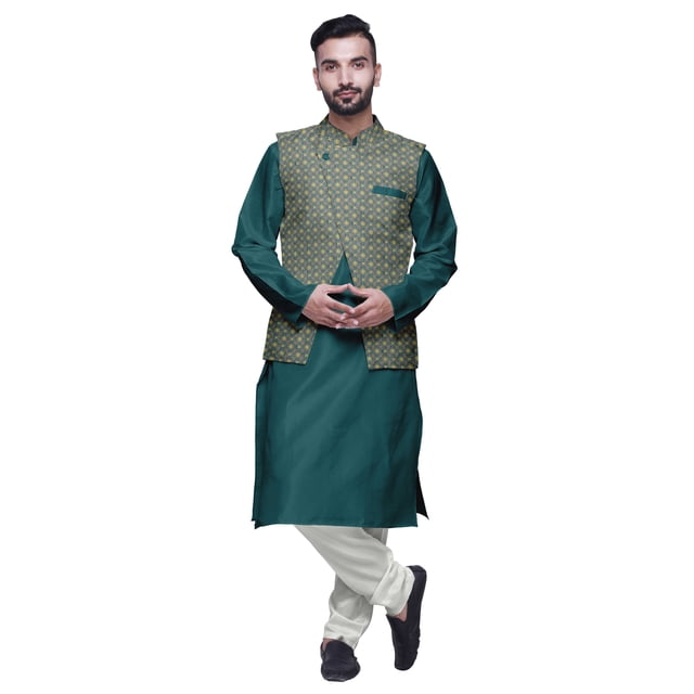 Atasi Indian Mens Kurta Churidar Pajama Jacket Set Solid Ethnic Wear For Men