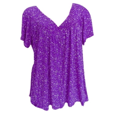 yoeyez Womens Tops Summer 2025 Plus Size,Women Floral Printed V-Neck Blouse Boho Short Sleeve Pullover Tops Lace Splicing Flowy T-Shirts for Teen Girls Purple 4XL