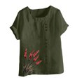 thumbnail image 2 of Pisexur Hauts pour Femmes Décontractés en Lin Col Rond Grande Taille Imprimé Manches Courtes T-shirt Blouse, Hauts d'Été pour Femmes Vert Armée, P, 2 of 3
