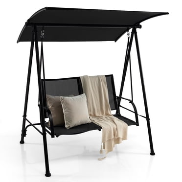 Costway Balançoire de Patio à 2 Places, Balançoire de Porche avec Auvent Réglable pour Jardin, Noir