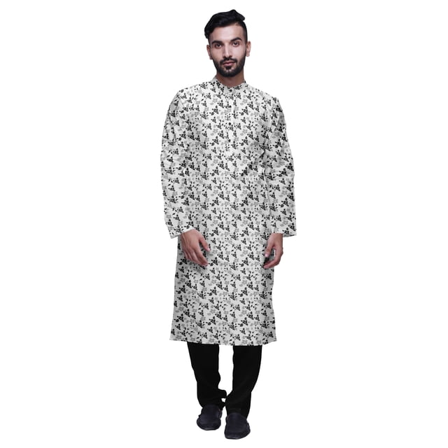 Atasi Ensemble Kurta Traditionnel en Satin Slub Imprimé à Col Mandarin pour Hommes