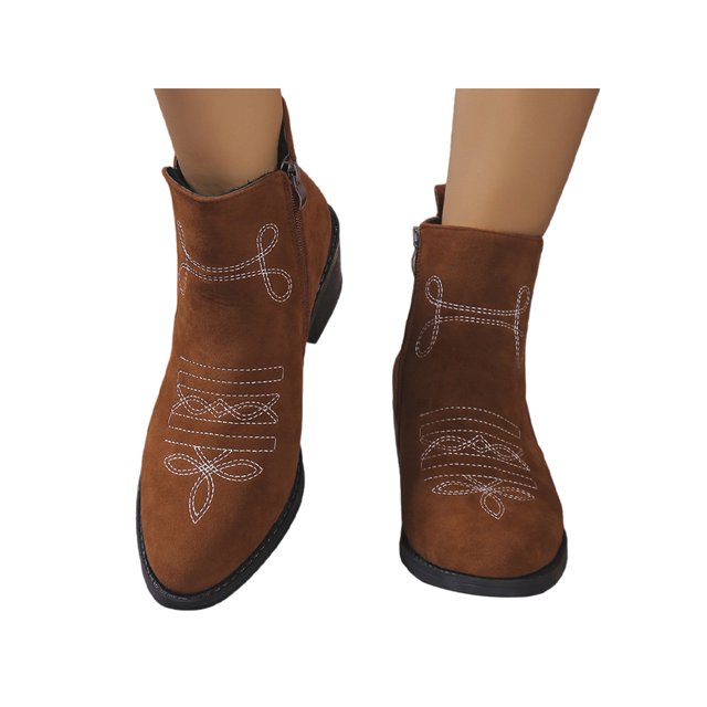 UKAP Ladies Booties Mid Heels Short Boot Embroidered Ankle Boots Outdoor Bootie Elastic Winter Shoes Brown 7.5