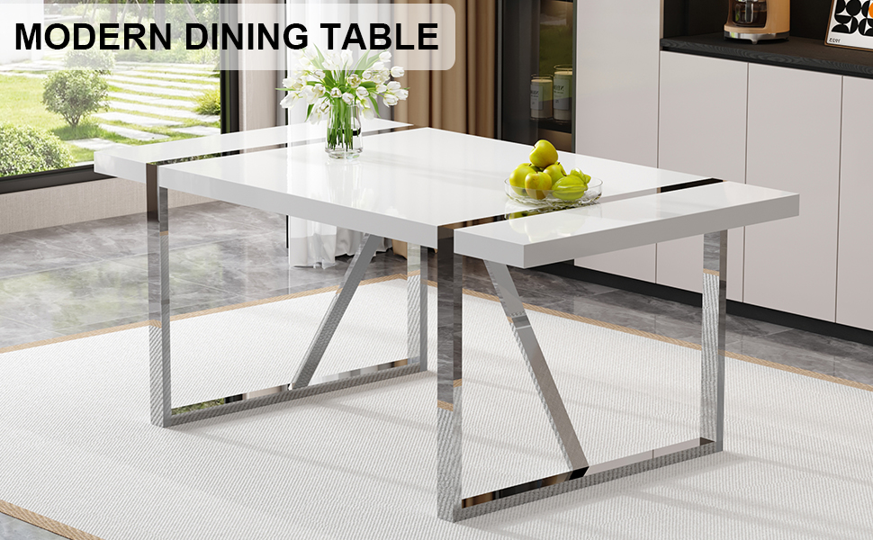 Noble House Industrial Rectangular Dining Table,2.3" Thick Wood Grain White MDF Top with Silver Metal Legs,White/Silver