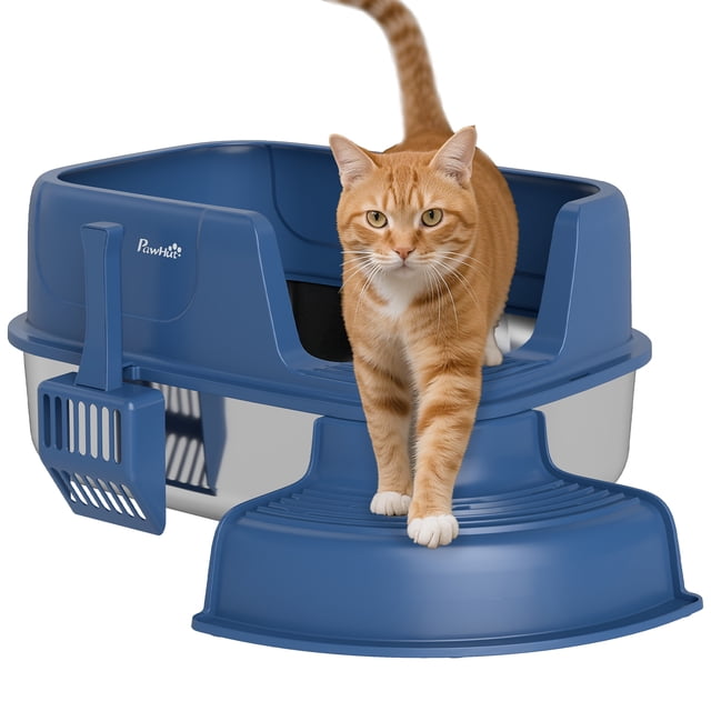 PawHut Bac à Litière pour Chat en Acier Inoxydable, Bac à Litière pour Chat à Bords Hauts avec Pelle, design Bleu Marine et Argent. un Chat Gingembre Marche sur la Pédale Anti-Traces, Qui Emprisonne la Litière des Pattes. l'Entrée Semi-Ouverte Offre Intimité et Circulation d'Air, pendant Que le Plateau en Acier Inoxydable Résiste à la Rouille, aux Égratignures et aux Odeurs pour un Nettoyage Facile.