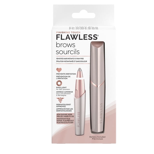 Finishing Touch Flawless Brows precision hair removal device in rose gold and silver, designed for painless, instant eyebrow hair removal with a hypoallergenic gold-plated head and built-in ring light for 360-degree precision, dermatologist approved, battery included.