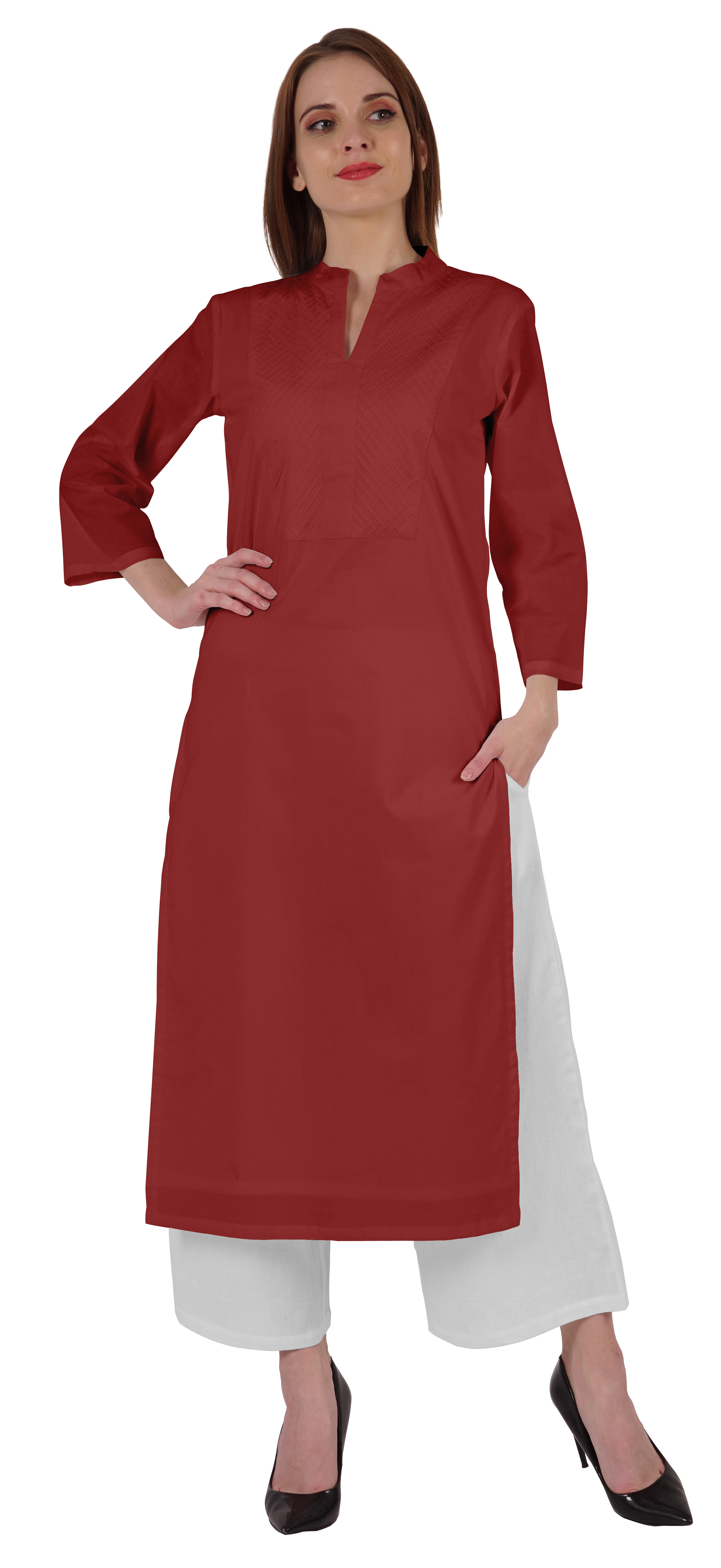 Bimba Kurta en Coton Col Mandarin avec Plis pour Femmes Ethnique Indienne Droite Unie