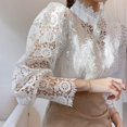 thumbnail image 3 of Femmes Debout Col Dentelle Patchwork Chemises Occasionnels Creux Fleur Pétale Manches Bouton Tops, 3 of 6