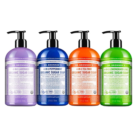 Dr. Bronner's - Savon au Sucre Biologique (Ensemble Varié de 12 oz) Lavande, Menthe Poivrée, Arbre à Thé et Citronnelle - Fait avec des Huiles Biologiques, du Sucre et de la Poudre de Shikakai