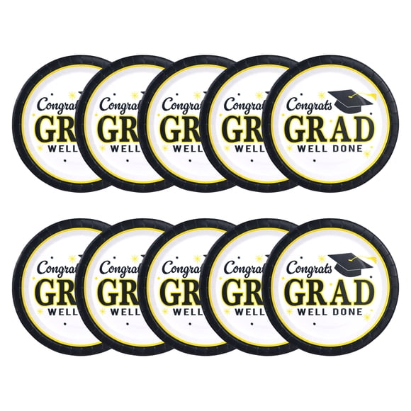 Assiettes en papier noir, blanc et jaune (lot de 10), 23 cm x 23 cm, pour adultes, décoration, remise de diplômes, pour célébrer