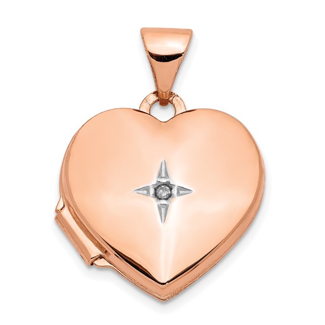 14K Rose Gold Polished 15mm Heart with Diamond Locket