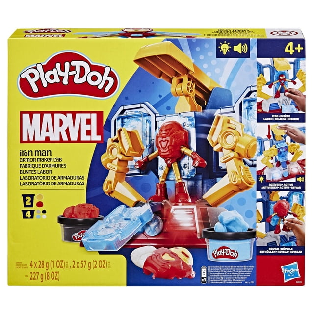 Play-Doh Marvel Iron Man Armor Maker Lab playset box showing a 4-inch Iron Man figure with red and gold armor molds, six cans of Play-Doh modeling compound, and a yellow mechanical arm with lights and sounds, ideal for arts and crafts play for kids ages 4 and up.