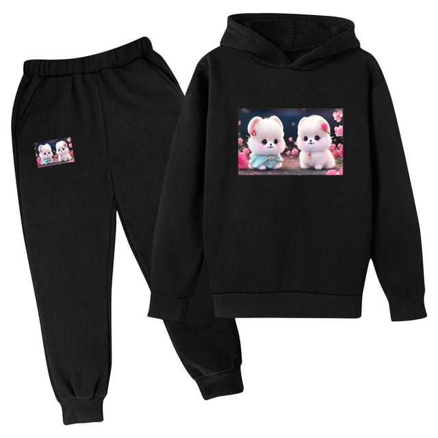 RXIRUCGD Mode Filles et Garçons Ensemble Décontracté à Manches Longues Imprimé Hauts à Manches Longues à Capuche ( Noir, Taille : 7 Ans )