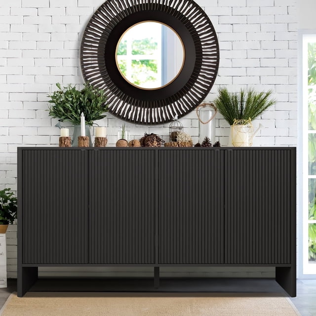 Buffet armoire de rangement avec portes et étagères, Buffet avec rangement, armoire de rangement Credenza pour cuisine, armoire cannelée en bois, armoire sous TV avec rangement - noir