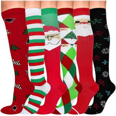 6 Paires de Bas de Compression pour Femmes et Hommes, Bas de Compression Jusqu'au Genou 20-30 mmHg, Bas de Compression pour Femmes et Hommes pour Infirmières, Course, Voyage en Avion, Grossesse, Noël, Fêtes (L/TG)