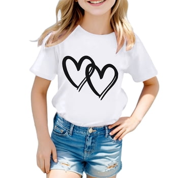 PMVFHDE Girls Cute Graphic Print Crew Neck Short Sleeve Summer Tee - Breathable Casual Tops for Kids Outdoor Play Summer Casual T Shirt White,8-9 Years