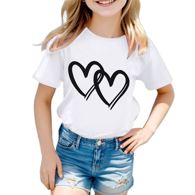 YOUSNH T-Shirt Graphique Mignon pour Fille, Col Rond, Manches Courtes, T-Shirt d'Été Décontracté, Hauts pour Filles, Blanc, 5-6 Ans