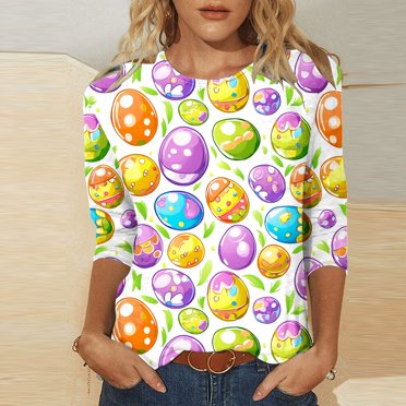 VKOYWKM Chemises de Pâques pour Femmes Offres de Liquidation de Pâques Mode Œufs T-Shirts Graphiques Décontractés Manches 3/4 Col Rond Hauts Cadeaux de Vacances Blouses