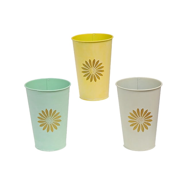 IH Casa Decor Embossed Daisy Metal Tall Round Planter Asstd - Set of 3 with three tall round metal planters in pastel yellow, mint green, and cream, each featuring an embossed daisy cutout design, ideal for garden or indoor plant decor and suitable for decorative storage use.