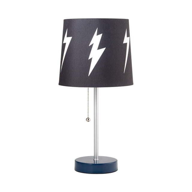hometrends Table Lamp with a black fabric drum shade featuring white lightning bolt patterns, a silver metal stem, and a round dark blue metal base with a pull-chain switch, standing 16 inches tall, suitable for kids’ rooms, dorms, or rec rooms.