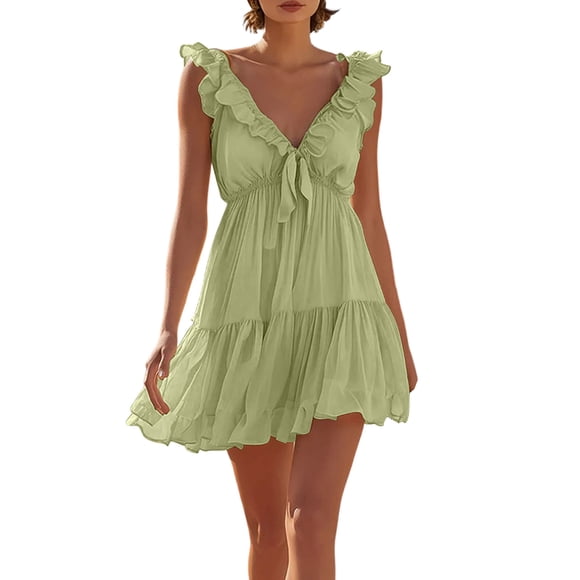 CHUMUD Summer Dresses for Women V-Neck Ruffle Strap Tiered Mini Dress, Cute Bow Front Empire Waist Flowy Dress, Casual Summer A-Line Sundress
