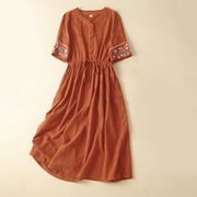 Linen Dress Women, Summer Long Maxi Dress with Embroidery, Loose Fit Casual Dress for Vacation and Wedding
