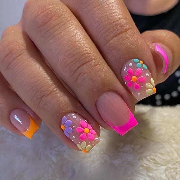 EcoNesxp French tip press nails short square false nails nude pink flower pattern acrylic false nails full cover glue nail stickers nails suitable for women girls pink unique design UrbanMingle