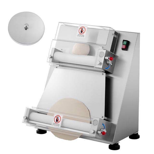 KFFKFF Pizza Dough Roller Sheeter, a semi-automatic stainless steel machine designed for commercial use. Features include adjustable thickness settings, a clear protective cover, and anti-slip feet for stability. Capable of rolling dough sizes from 3 to 16 inches with a capacity of 260 pieces per hour. Includes a dough press lid and airflow openings for cooling.