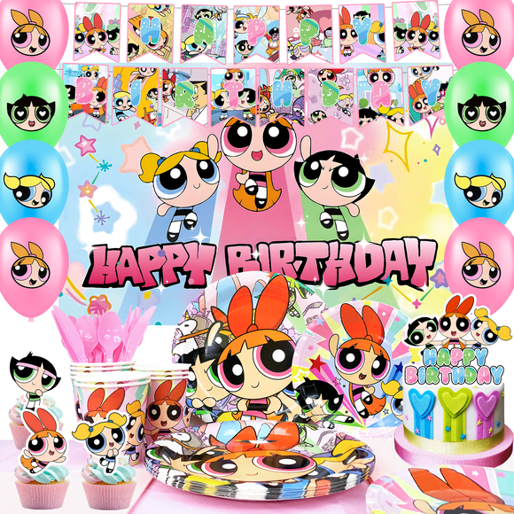 112 Pcs Décorations d'Anniversaire et Ensemble de Vaisselle de Fête The Powerpuff pour Filles - Bannière d'Anniversaire The Powerpuff pour Filles, Ballons, Assiettes, Serviettes, Etc. Fournitures de Fête d'Anniversaire The Powerpuff pour Filles pour Enfants