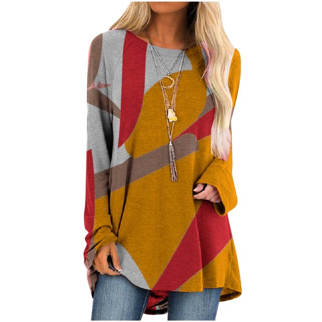 IROINID Deals Ladies Long Sleeve T Shirts Lounge Socket Geometry Printed Round-Neck Tops,Orange