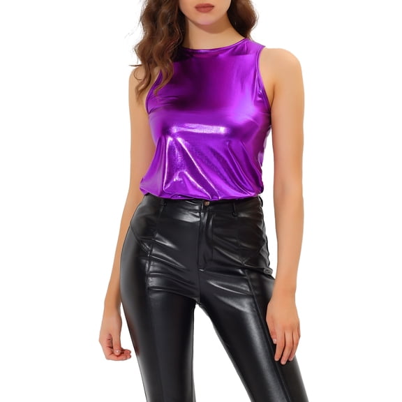 INSPIRE CHIC Women's Halloween Holographic Shiny Shirt Party Disco Metallic Tank Top for Women XS Purple