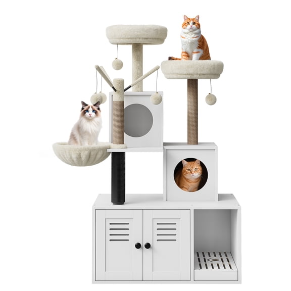 QinaQin Enclos pour Litière 3-en-1 Comprenant une Tour d'Arbre à Chat et un Lit pour Chat, un Meuble en Bois pour Chat, un Poteau à Griffer en Sisal, un Perchoir en Peluche, des Jouets à Pompons et une Toilette Dissimulée
