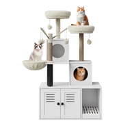 BeesClover 3-in-1 Litter Box Enclosure with Cat Tree Tower & Condo, Wooden Cat Furniture with Sisal Scratching Post, Plush Perch, Pompom Toys & Hidden Washroom
