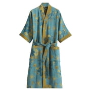 Penkiiy Women's Printed Bathrobe Soft Double-layer Gauze Lightweight Midi Sleepwear Shower Kimono Robe XL Blue