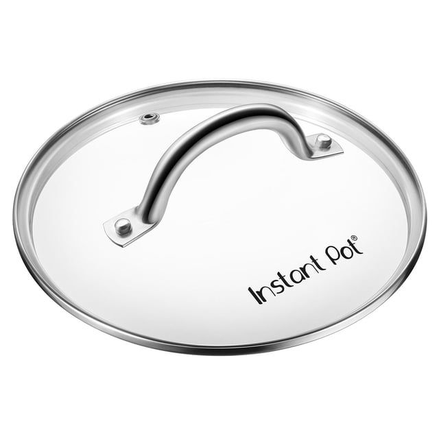 Instant Pot 3 Quart Pressure Cooker Glass Lid featuring clear tempered glass with stainless steel rim and curved handle, steam vent for pressure release, branded with Instant Pot logo, dishwasher safe and oven safe up to 428°F (220°C).