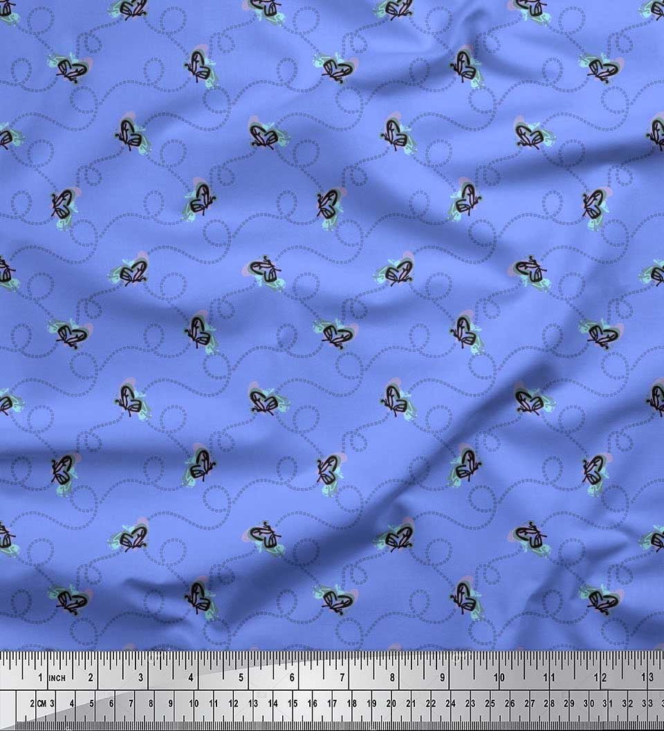 Soimoi Blue Silk Fabric Insect & Texture Decor Fabric Printed BTY 42 Inch Wide