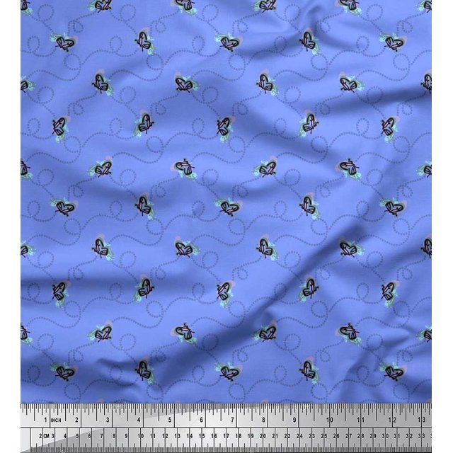 Soimoi Tissu Viscose Georgette Bleu Imprimé Insectes & Texture Tissu au Mètre 42 Pouces de Large