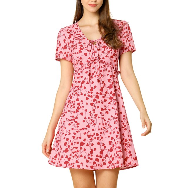 INSPIRE CHIC Robe Trapèze à Fleurs pour Femme, Col en V à Nouer, Manches Courtes, Volants