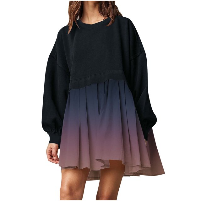 EQWLJWE Mode Chandail Décontracté Surdimensionné pour Femmes Couleur Dégradée Robe à Manches Longues Col Rond Mini-Robes Patchwork pour Dames Robes d'Automne pour Femmes 2023