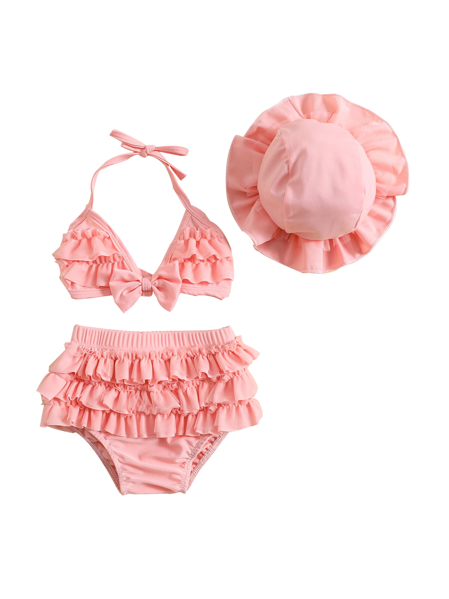 Gupgi 3Pcs Baby Girl Bikini Set 6 12 18 24 Months Infant Solid Color Swimsuits Halter Triangle Tops+Ruffle Bottoms+Sun Hat Bathing Suit Swimwear