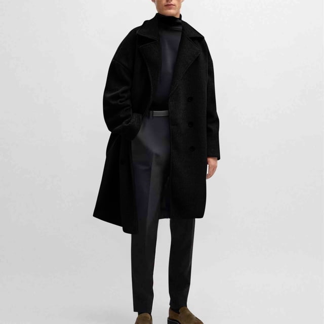 Yusimy Men's Slim Fit Wool Coat Mid-Length Double Breasted Solid Color Trench Coat Casual Versatile