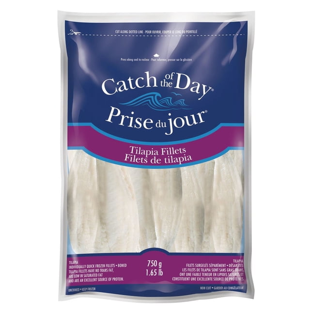 Catch Of The Day Filets de Tilapia dans un Sac en Plastique Transparent Refermable Montrant Plusieurs Filets de Tilapia Blancs Surgelés, Étiquetés en Anglais et en Français, Pesant 750 g (1,65 lb), Désossés et Surgelés Individuellement, Sans Gras trans et à Faible Teneur en Gras Saturés, une Excellente source de Protéines Convenant à la Préparation de Repas Santé.