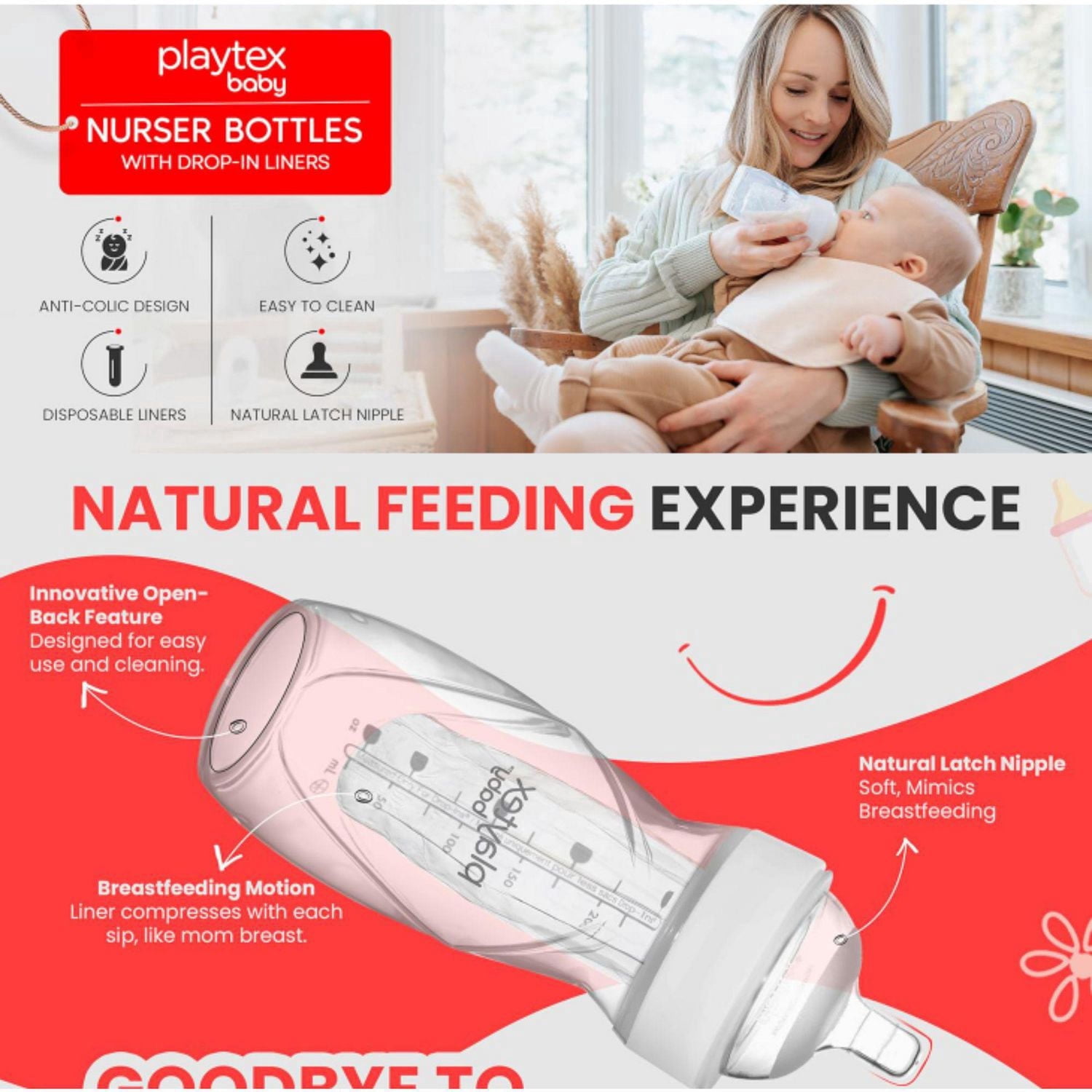 Playtex Baby® Anti-Coliques, Réduit les Gaz, Biberon Nurser Sans Air avec 15 Doublures Jetables Drop-Ins Pré-Stérilisées, Plus Près de l'Allaitement, Biberons 3x4oz