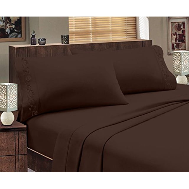 Italian Design 1800 Series Egyptian Comfort Super Soft Embroidery 4 Piece Sheet Set (Full, Brown)