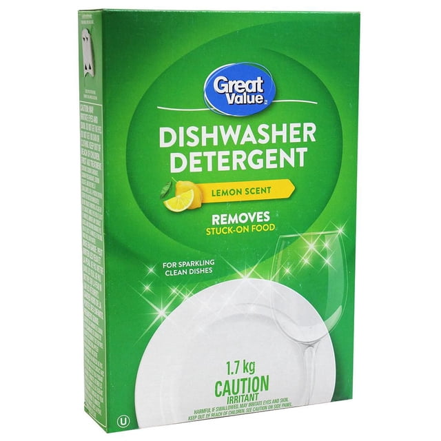 Great Value Lemon Scent Dishwasher Detergent powder in a green box featuring the brand logo and lemon graphic, formulated to remove stuck-on food and provide sparkling clean dishes, weighing 1.7 kg, ideal for household dishwashing.