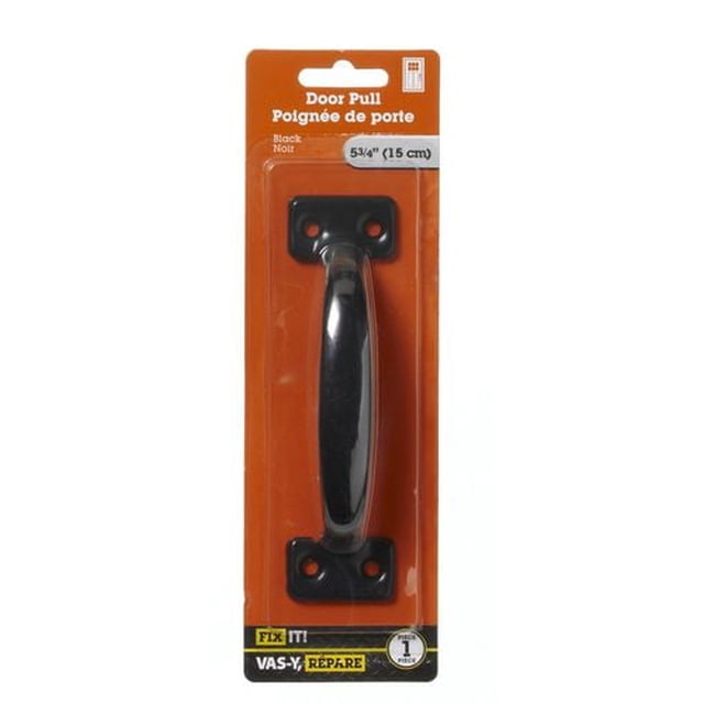 5-3/4" Black Door Pull 1 Piece by FIX IT! brand, steel door hardware with a smooth black finish, curved handle, and mounting plate with four screw holes, ideal for home improvement projects and easy installation.
