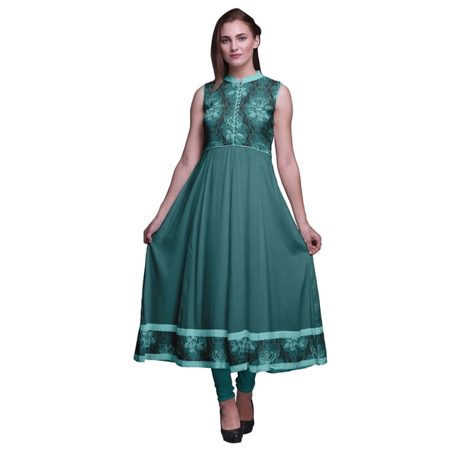 Bimba Robe Anarkali à Fleurs Vert Sarcelle pour Femmes, Kurti Imprimée Ethnique Indienne, Longue Kurta, Robe de Soirée, Très Grand